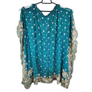 Handcrafted Teal & Gold Embroidered Sheer Shawl With Floral Motifs